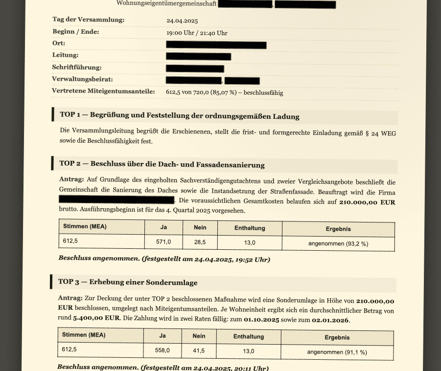 Protokoll der Eigentümerversammlung