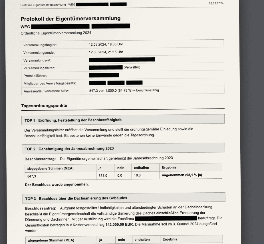 Beschluss zur Sonderumlage